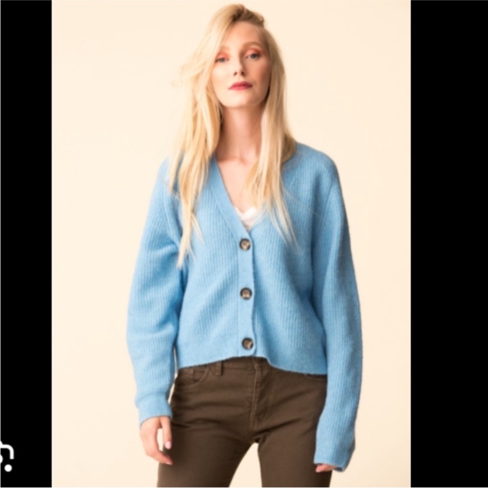 24 Colours Blue Cotton Ribbed Cropped V-neck Cardigan - Picture 2 of 8